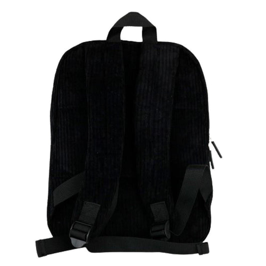 Compact black corduroy backpack with adjustable shoulder straps and a top carry handle against a white background.