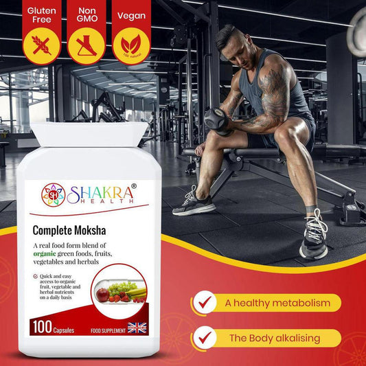 Complete Moksha supplement bottle with organic ingredients, displayed against a gym background with a man lifting weights.