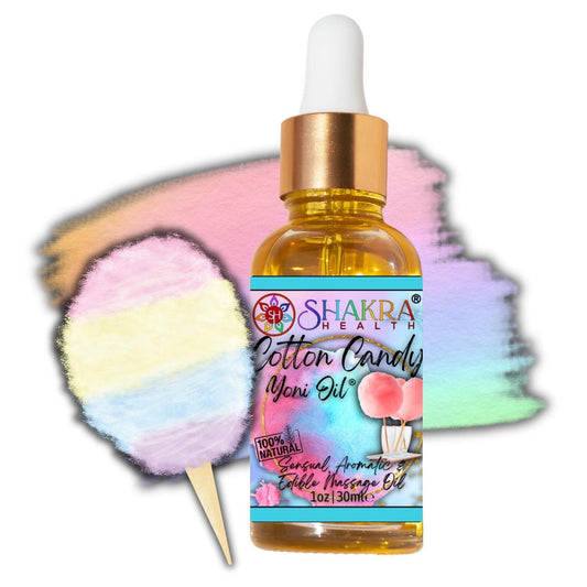 30ml bottle of Cotton Candy Yoni Oil with a gold dropper, pastel watercolor background, and cotton candy illustration.