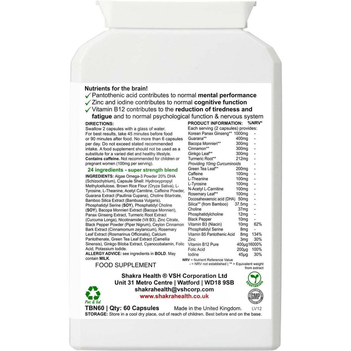 White plastic supplement bottle label with black text listing ingredients, nutritional facts, and usage directions.