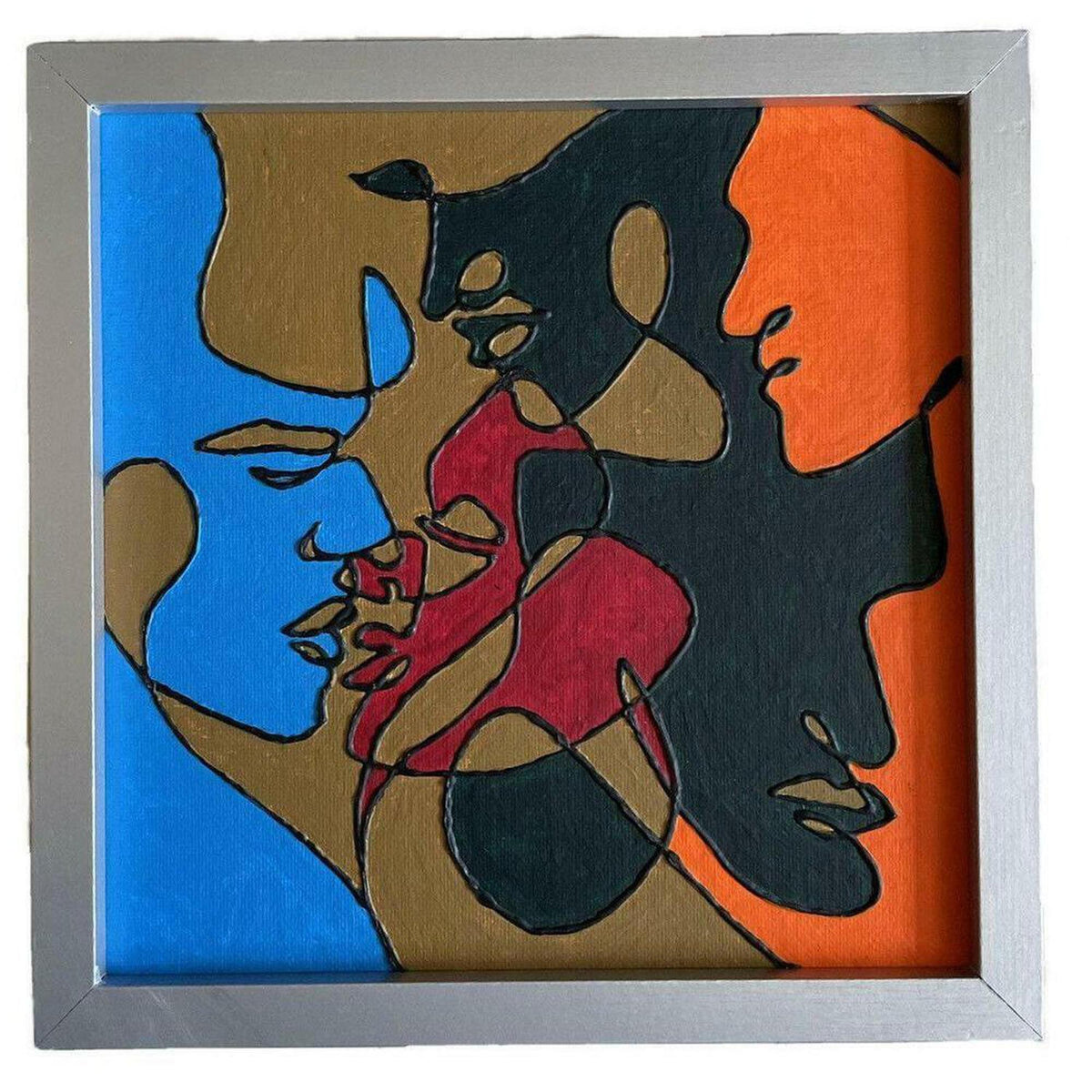 8x8 inch framed abstract canvas art featuring colorful faces with raised, textured black line detailing.