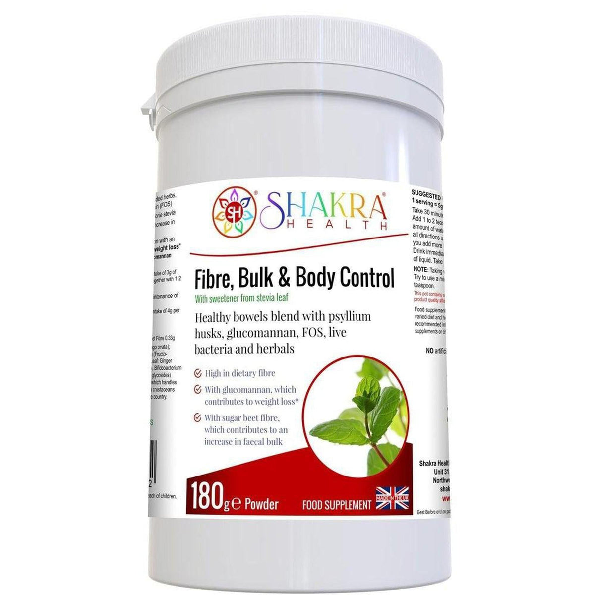 White plastic tub of Shakra Health Fibre, Bulk & Body Control powder with a red label featuring green plant imagery.