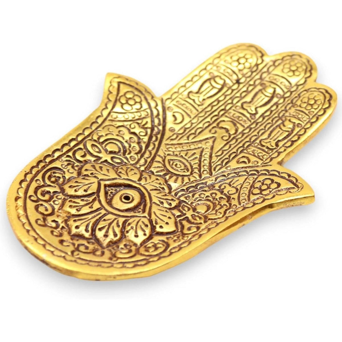 Polished gold aluminum Hamsa hand incense holder with intricate engraved bohemian patterns, 13cm long.