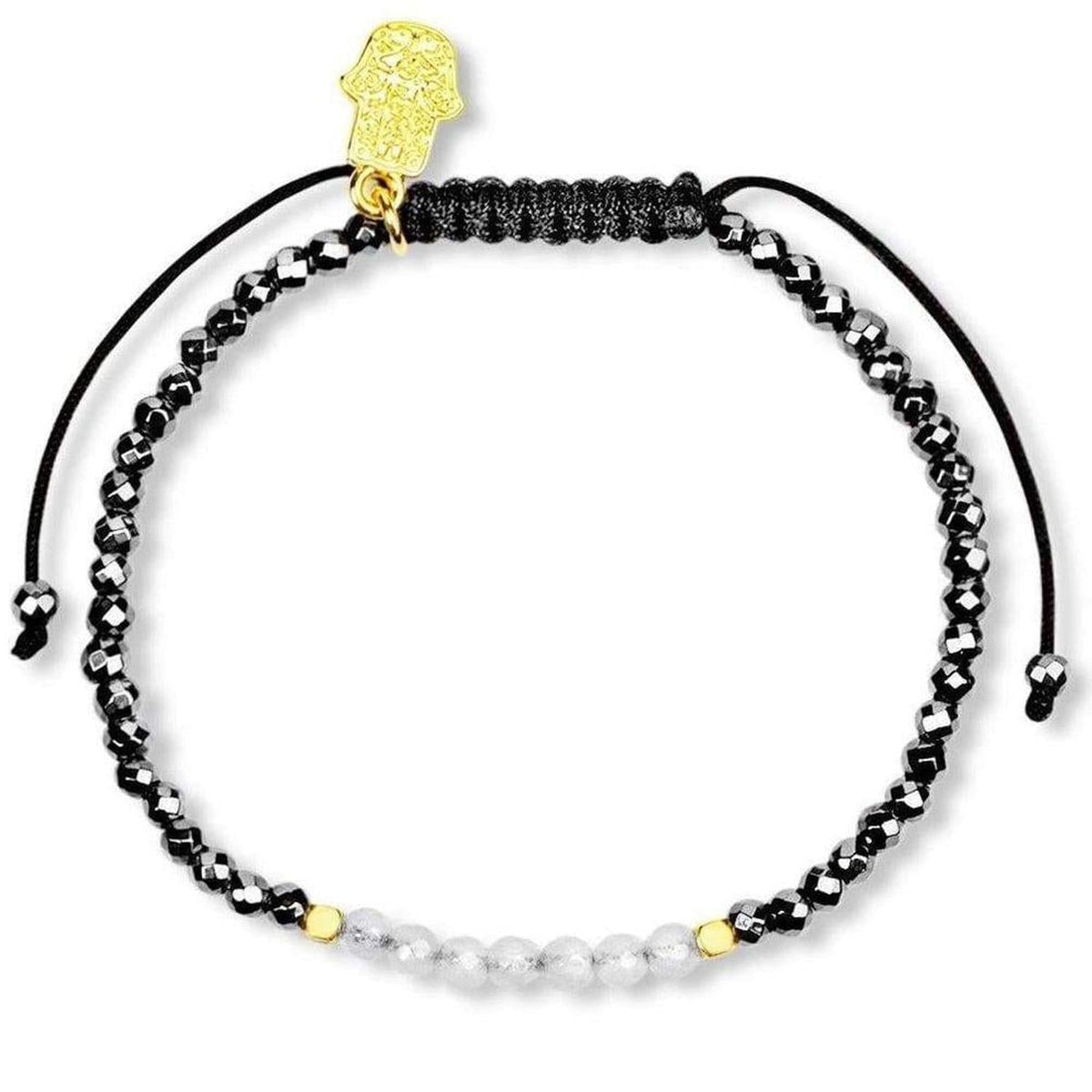 Hematite and moonstone beaded bracelet with a gold Hamsa charm on an adjustable black cord.