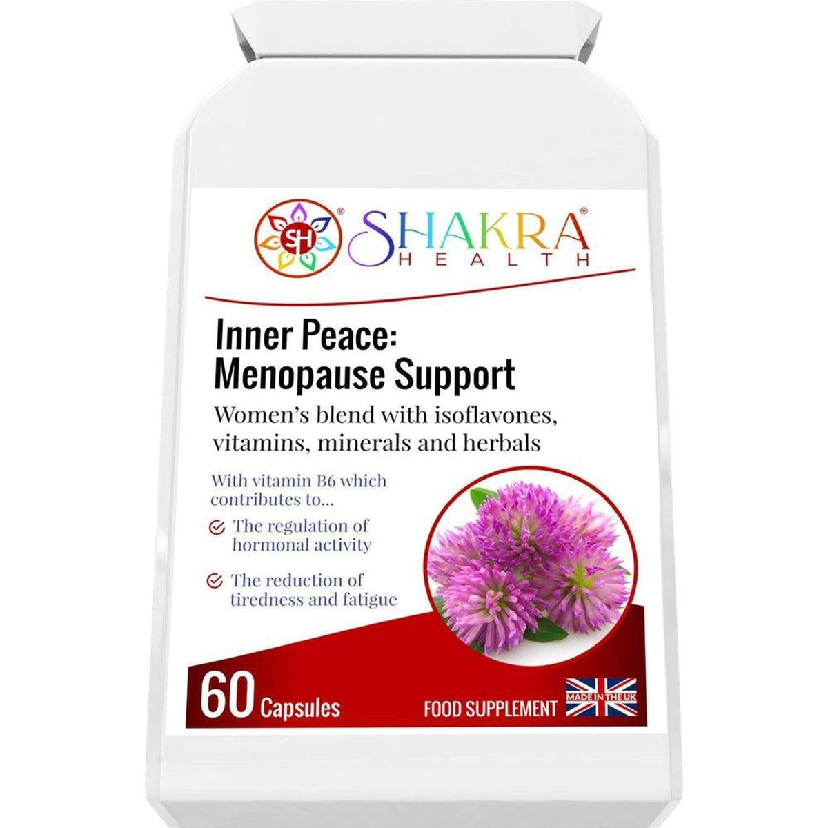 White bottle of Shakra Health Inner Peace menopause support capsules with a red label featuring a purple clover flower.