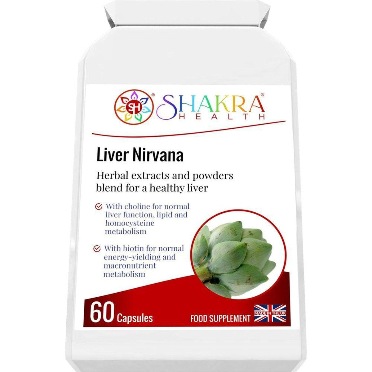 White bottle of Liver Nirvana capsules with Shakra Health logo and artichoke graphic on a red and white label.