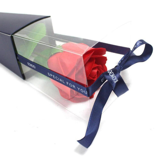Large red soap rose in a clear gift box with a navy blue ribbon labeled Special For You.