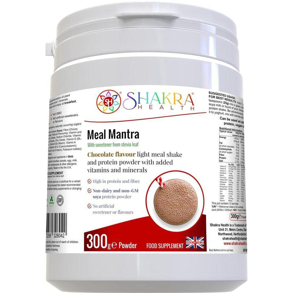 White tub of Meal Mantra chocolate protein powder with a red label featuring product benefits and nutritional information.