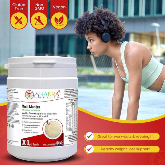 Shakra Health Meal Mantra vanilla protein powder tub next to a woman exercising, featuring gluten-free and vegan labels.