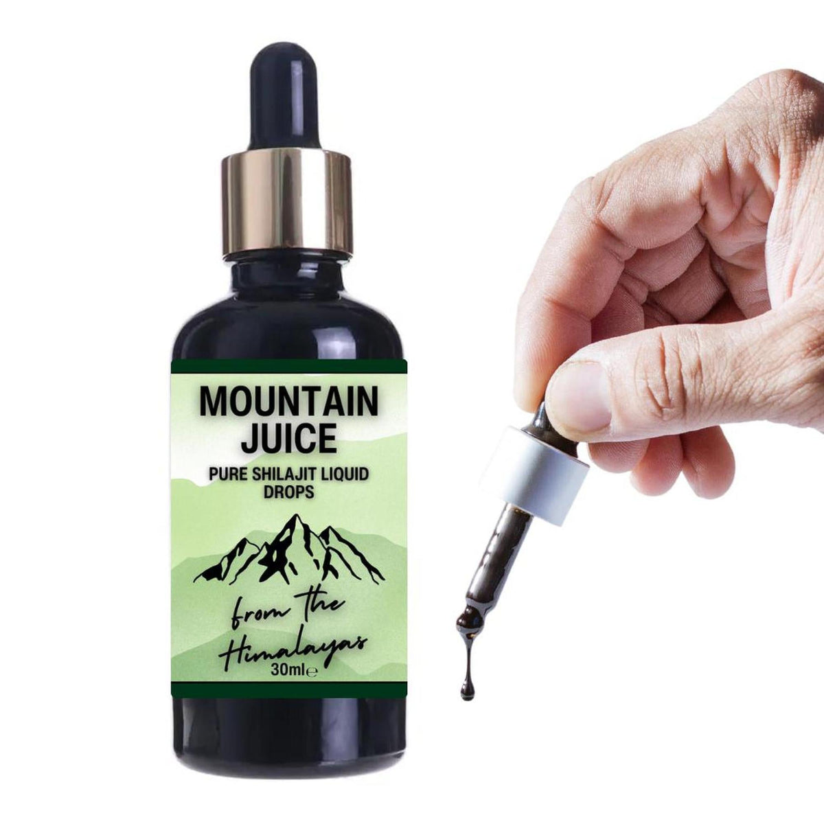 Hand holding a glass dropper with dark Mountain Juice Shilajit liquid next to a 30ml amber bottle with a green mountain label.