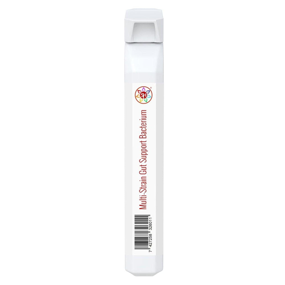 White rectangular probiotic supplement tube with a colorful logo and black text on a clean, minimalist background.