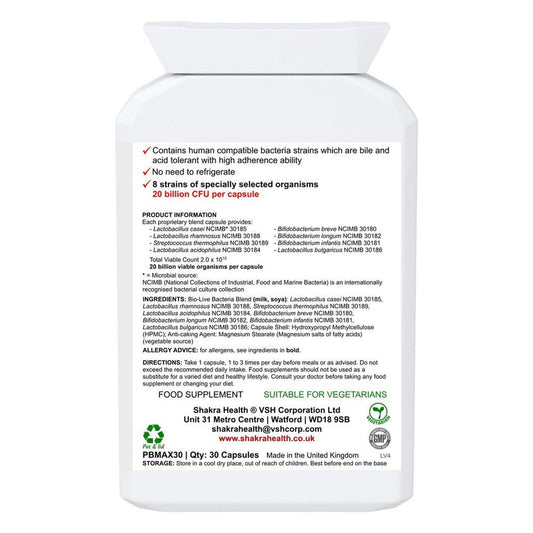 White plastic supplement bottle showing detailed product information, ingredient list, and vegetarian certification label.