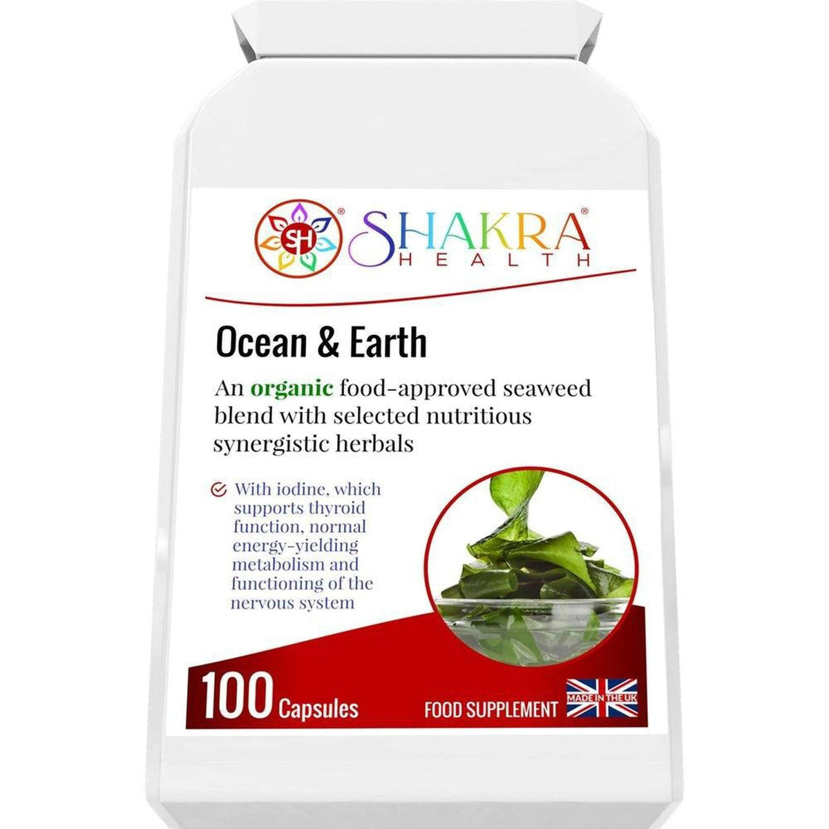 White bottle of Shakra Health Ocean & Earth organic seaweed supplement capsules with a green leaf graphic.