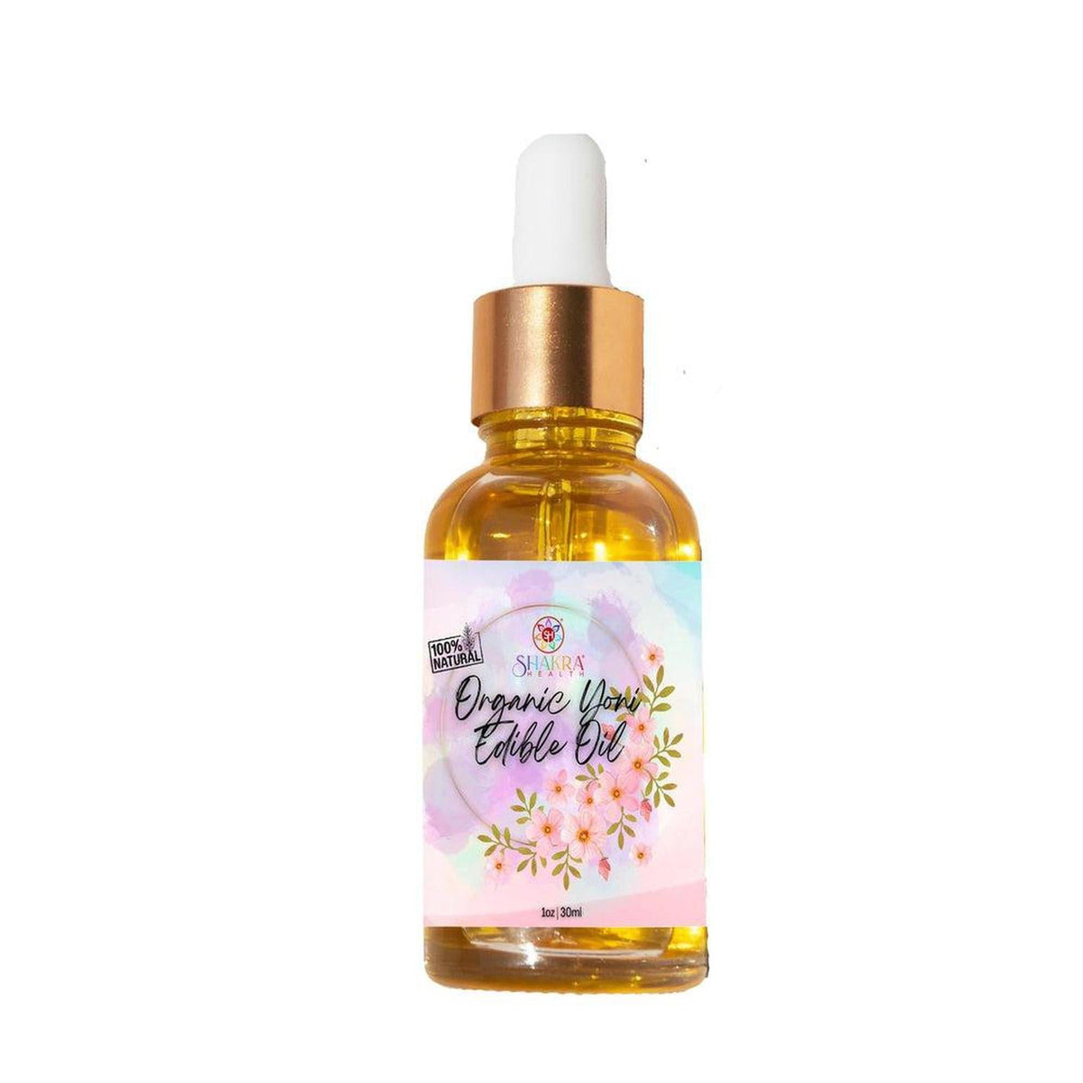 30ml bottle of organic yoni oil with a gold dropper cap and a floral label featuring Shakra Health branding.