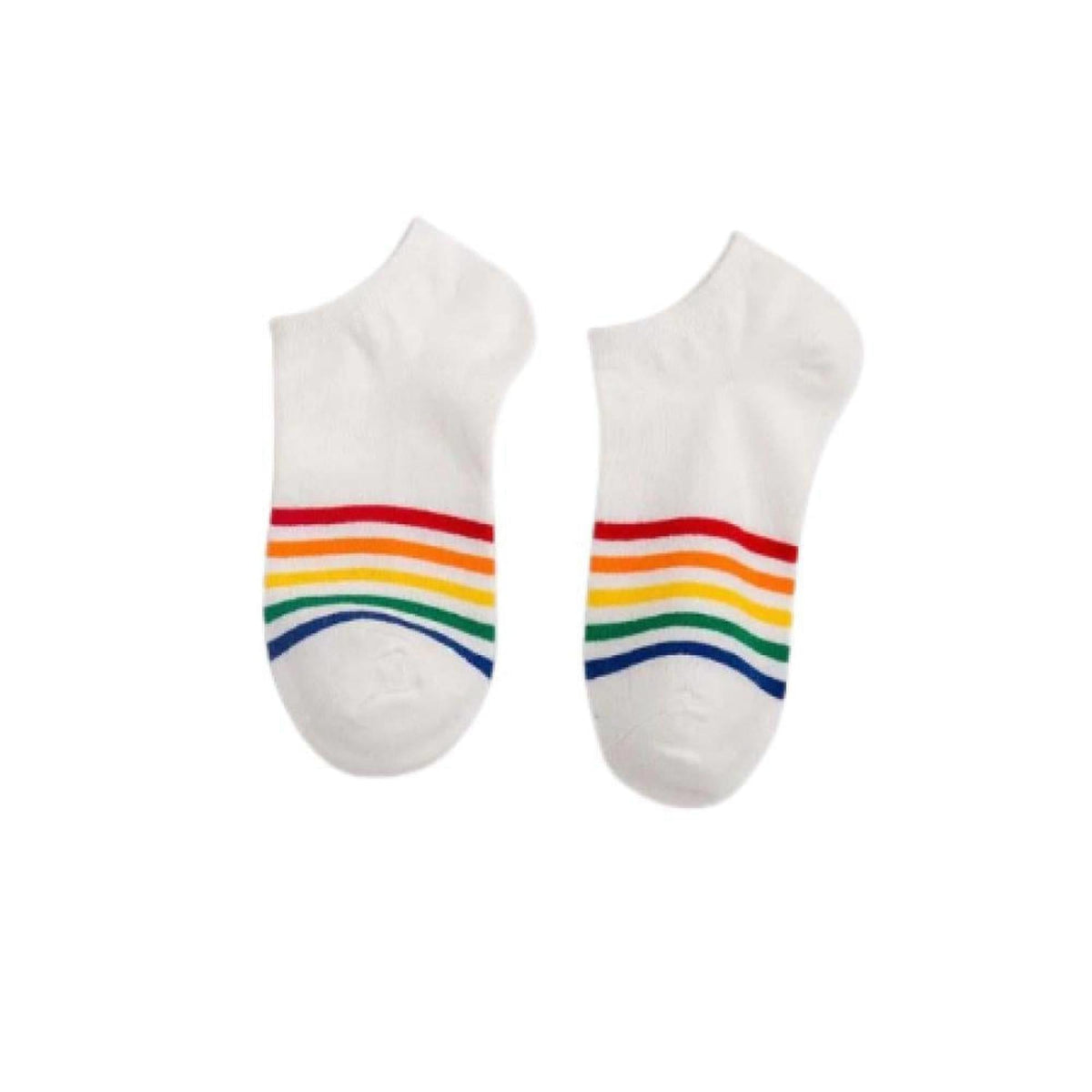 White cotton ankle socks featuring vibrant rainbow stripes across the toes, isolated on a white background.
