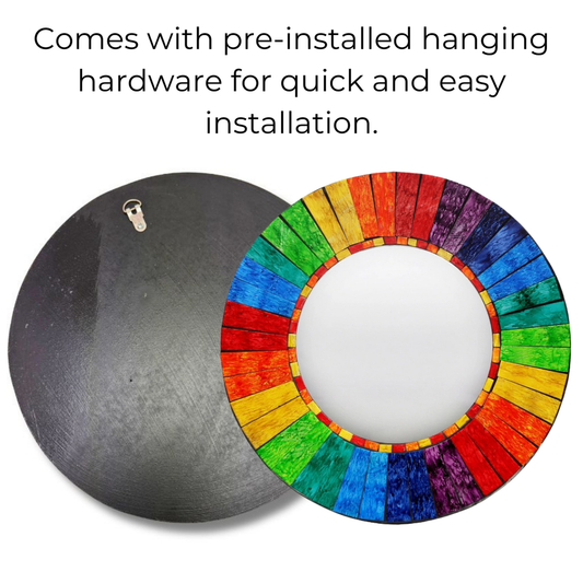 Round wall mirror with a vibrant, handcrafted rainbow mosaic glass tile frame and sturdy black wooden back with hanger.