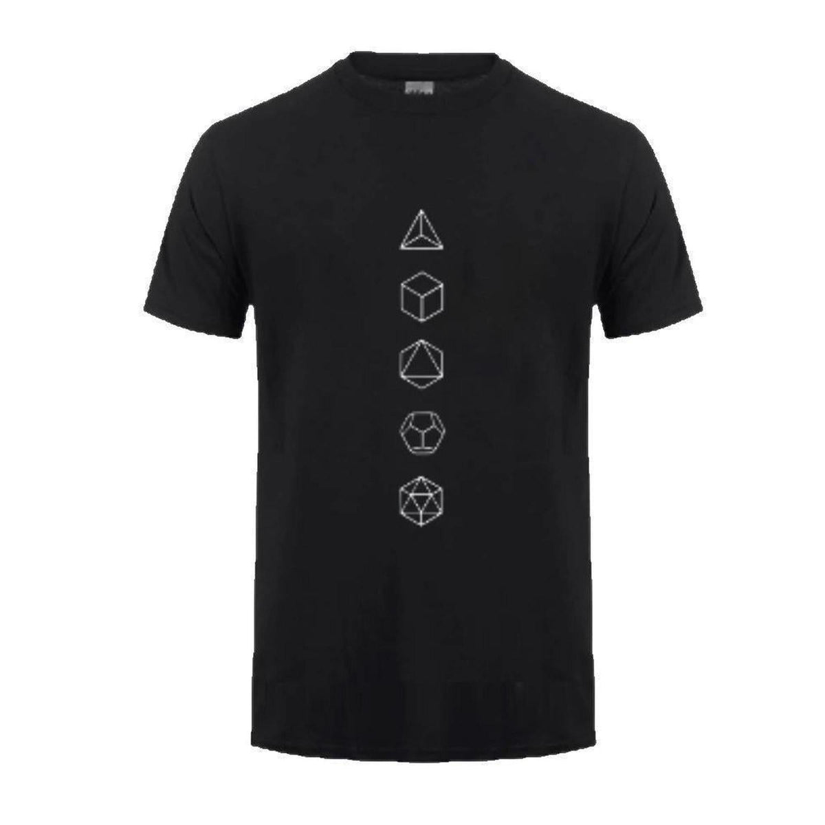 Black cotton t-shirt featuring a vertical white line art print of the five Platonic solids.
