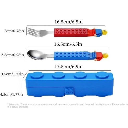 Red and blue building-block fork and spoon set with metal heads and a matching blue storage case with dimensions.
