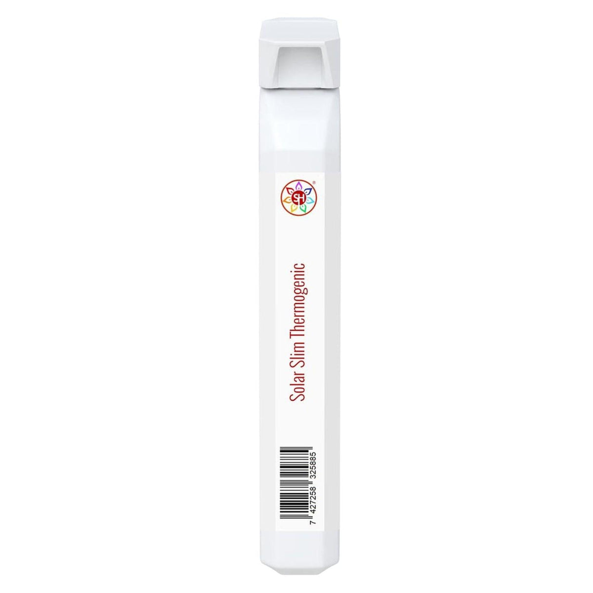 White slim Solar Slim Thermogenic stick with a colorful logo, product text, and a barcode on a clean background.