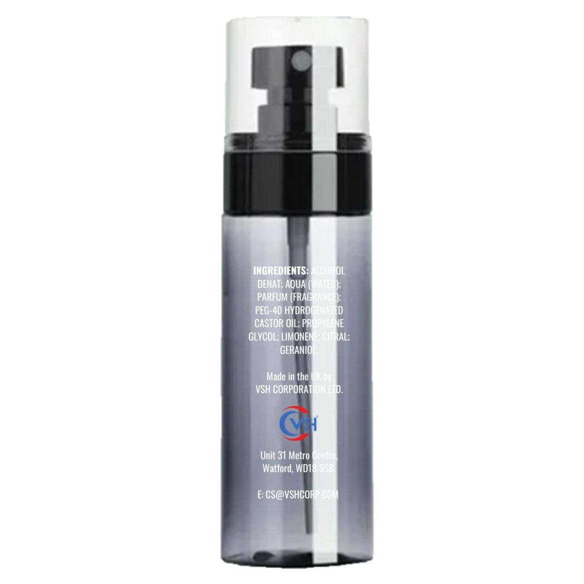 Translucent grey spray bottle of THEM Agua de Colonia with a clear cap and white ingredient label on a white background.