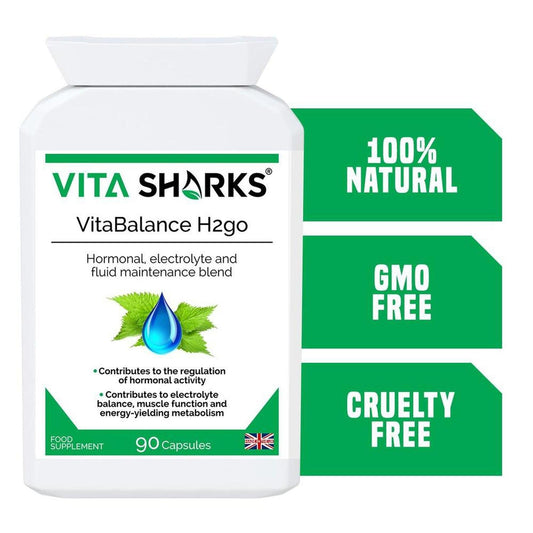 White bottle of VitaBalance H2go capsules with green labels, featuring a water drop icon and 90 capsules count.