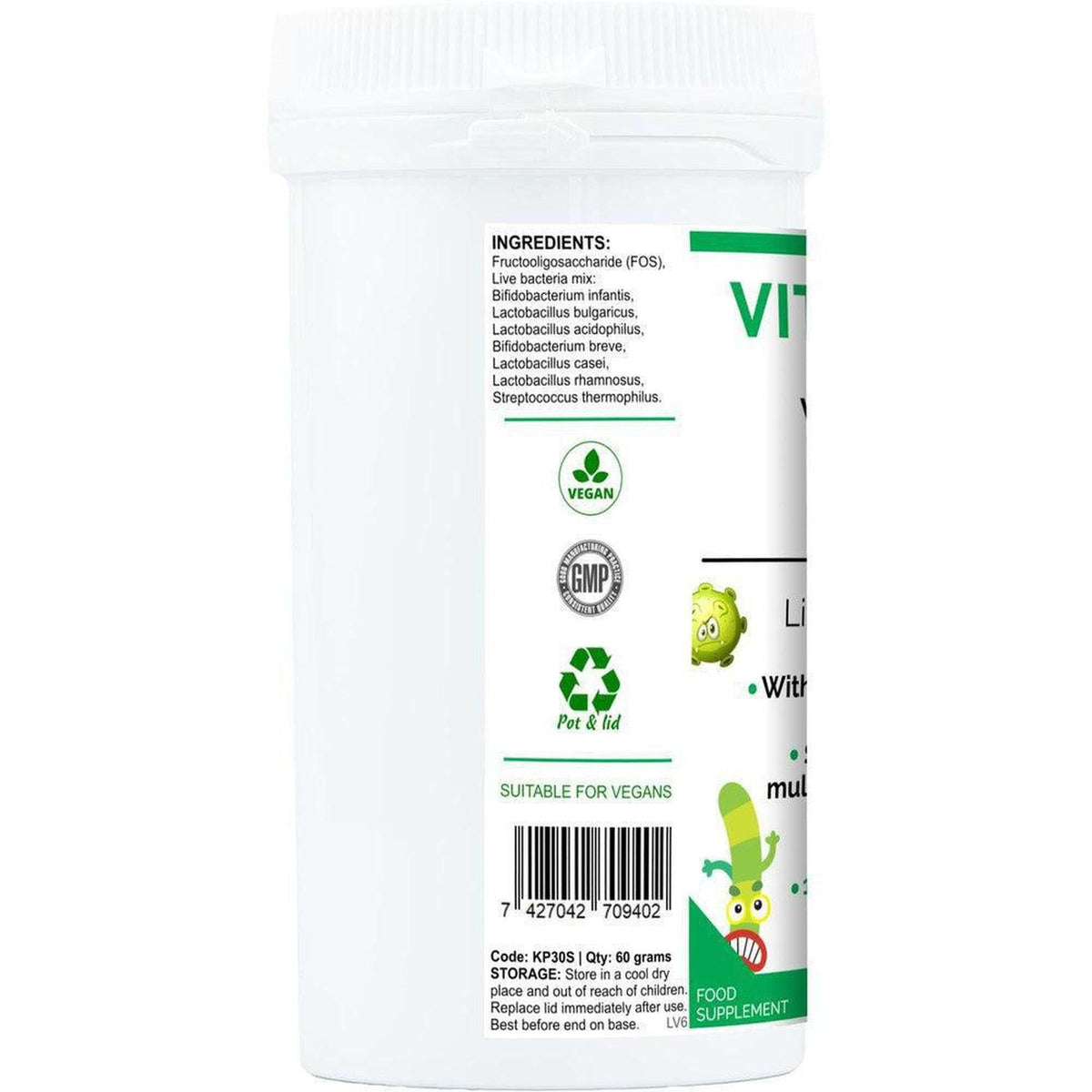 White 60g VitaBio Kids Complex powder jar with green branding, ingredient list, and vegan certification icons.