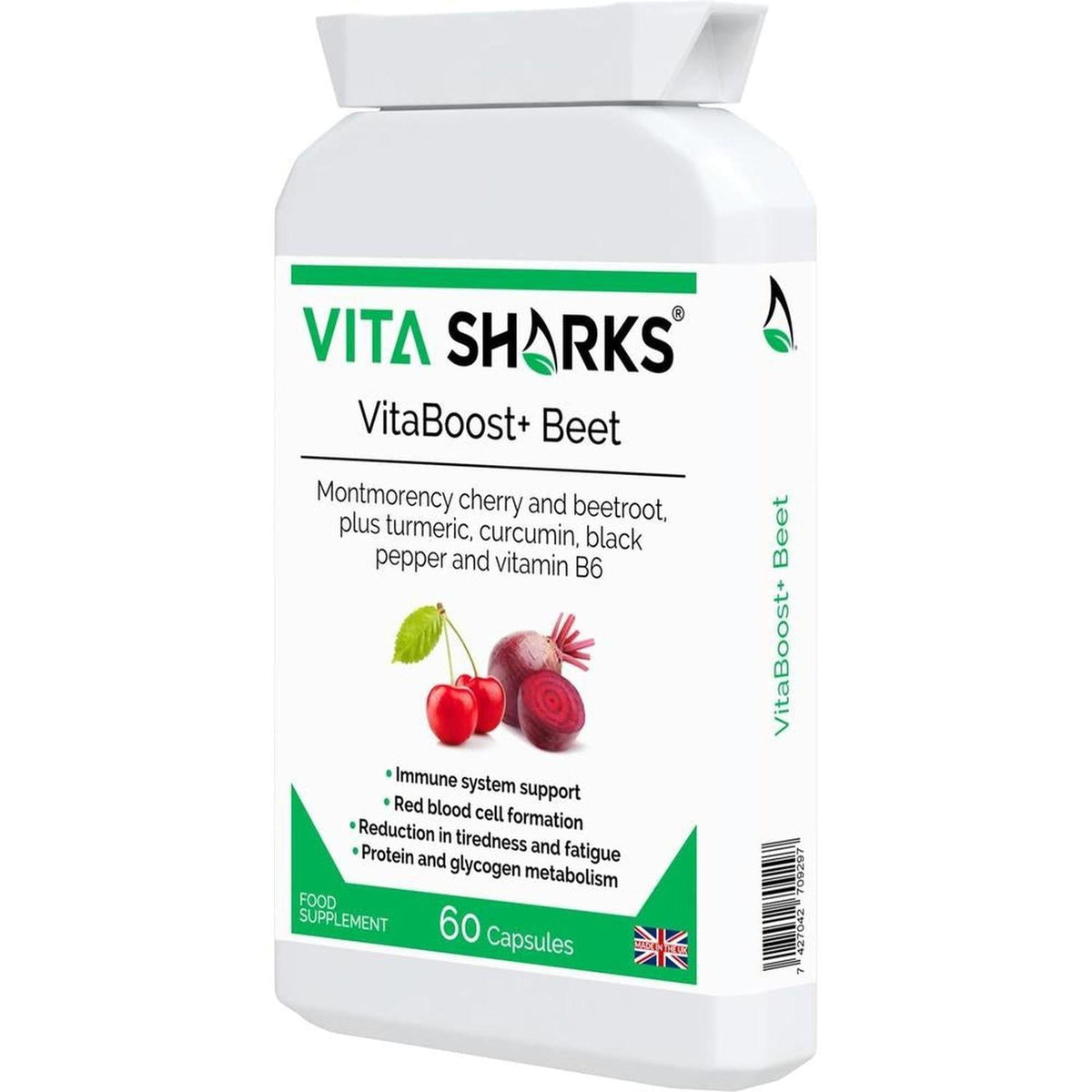 White VitaBoost+ Beet supplement bottle with green label, beetroot and cherry graphics, and 60 capsule count.