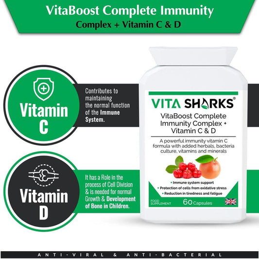 White bottle of VitaBoost Immunity Complex with Vitamin C and D, featuring green branding and fruit graphics.
