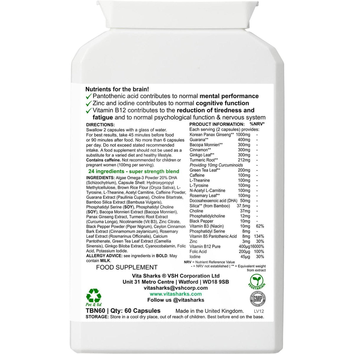 White VitaBrain supplement bottle label featuring a detailed ingredients list, nutritional facts table, and usage directions.