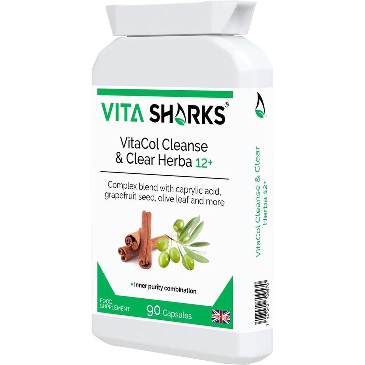 White bottle of VitaCol Cleanse & Clear Herba 12+ capsules with green branding, featuring cinnamon and olive illustrations.