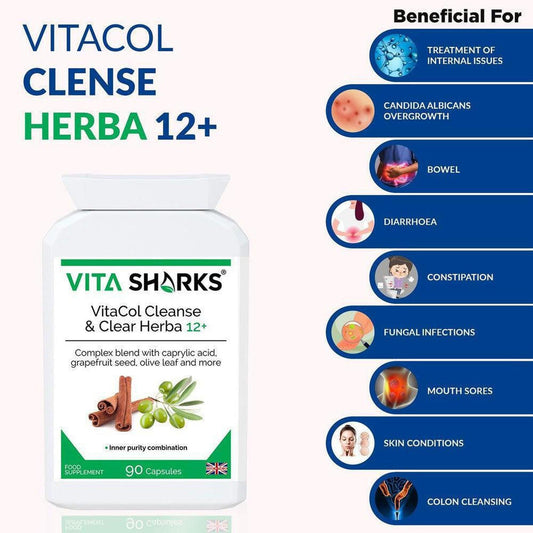 VitaCol Cleanse & Clear Herba 12+ supplement bottle with botanical illustrations and a list of health benefits.