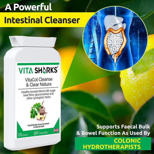 White bottle of VitaCol Cleanse & Clear Natura capsules with a green label, featuring an anatomical digestive graphic.