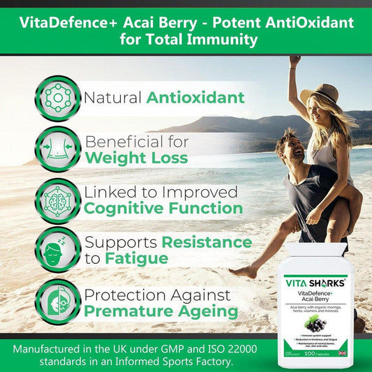 VitaDefence+ Acai Berry supplement bottle next to a list of health benefits and a happy couple on a sunny beach.
