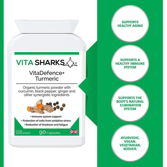 White bottle of VitaDefence+ Turmeric capsules with green side panel listing health benefits and ingredients.