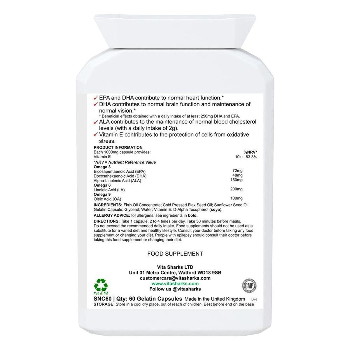 White plastic bottle of VitaDHA Omega 3-6-9 oil showing a detailed ingredient label and nutritional information.