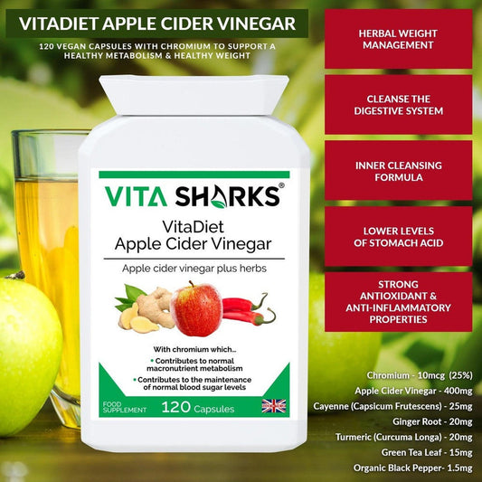 White bottle of VitaDiet Apple Cider Vinegar capsules with apple, ginger, and chili graphics on a green background.