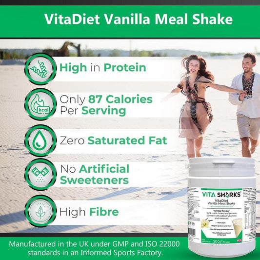 VitaDiet Vanilla Meal Shake tub next to a list of nutritional benefits and a joyful couple running on a beach.