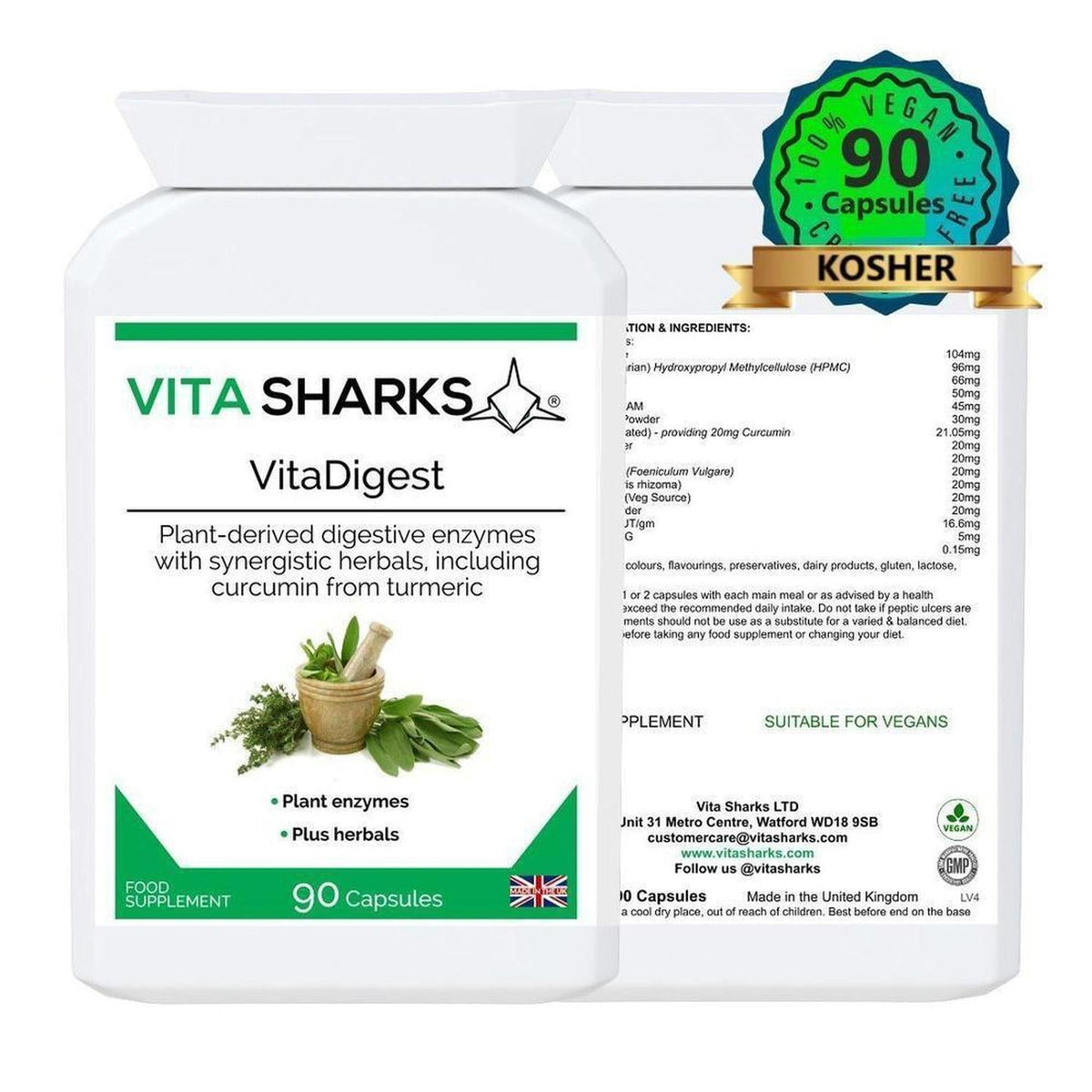 White bottle of VitaDigest 90 vegan capsules with a green label featuring herbal illustrations and ingredient details.
