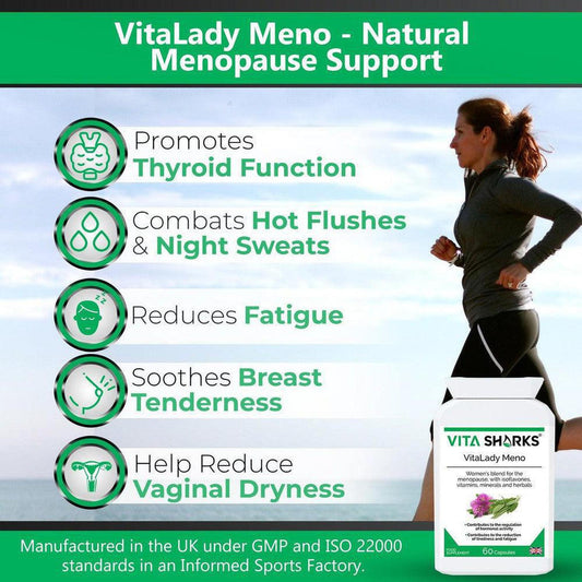 VitaLady Meno supplement bottle with a list of health benefits and an active woman exercising in the background.