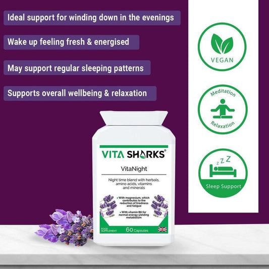 VitaNight supplement bottle with lavender flowers, featuring benefits list and green vegan and sleep support icons.