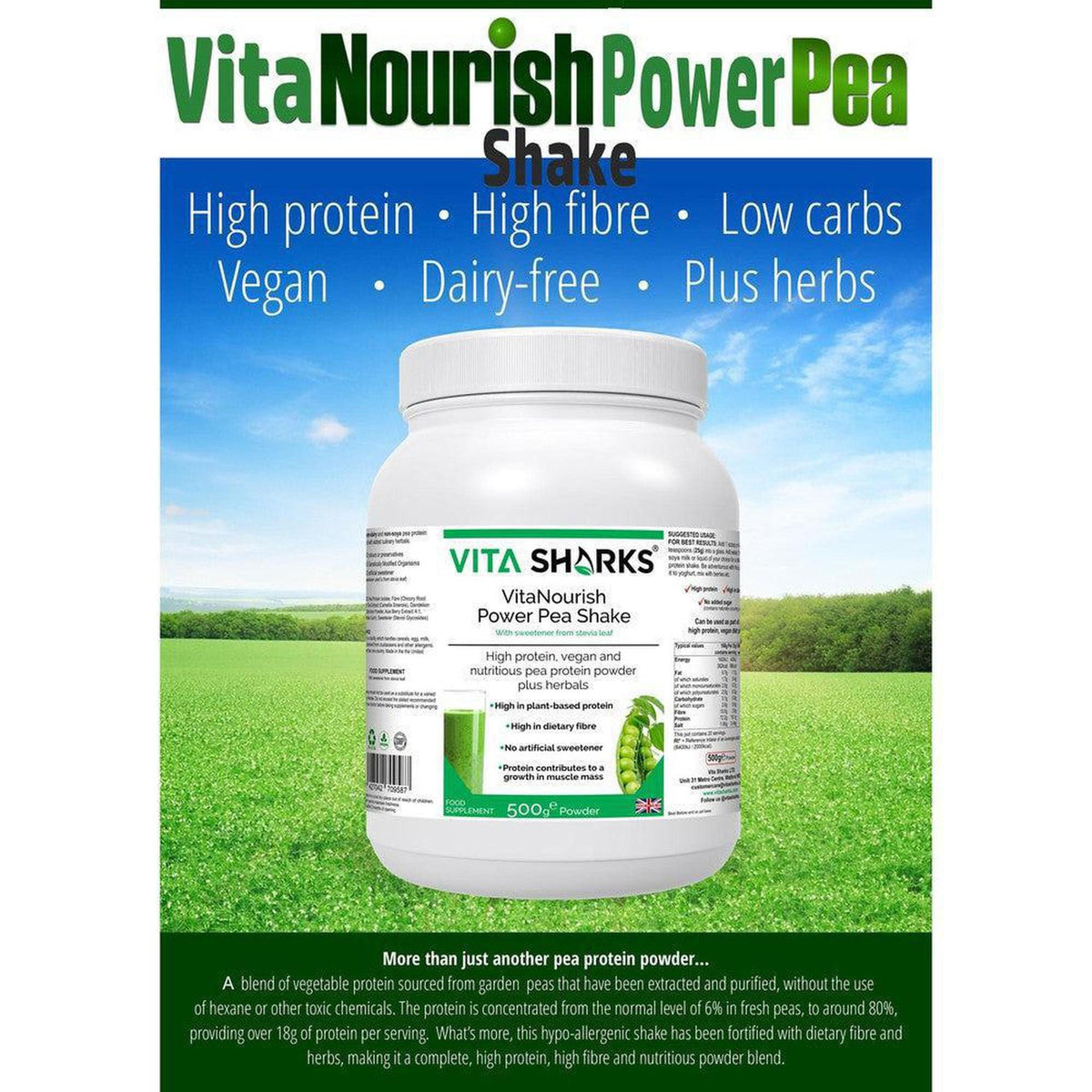 White 500g tub of VitaNourish Power Pea Shake with green branding, nutritional information, and pea imagery.