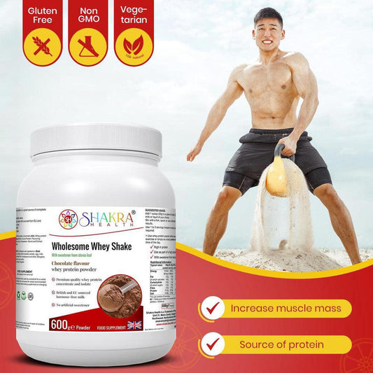 White 600g tub of Shakra Wholesome Whey Chocolate protein powder next to a man exercising with a kettlebell.