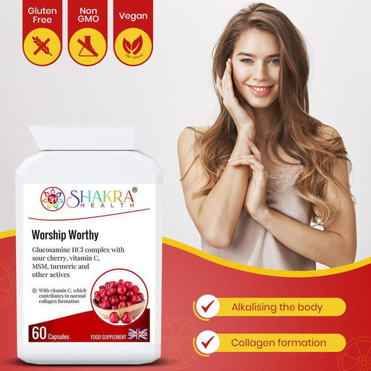 Worship Worthy supplement bottle with a smiling woman, featuring icons for gluten-free, non-GMO, and vegan ingredients.