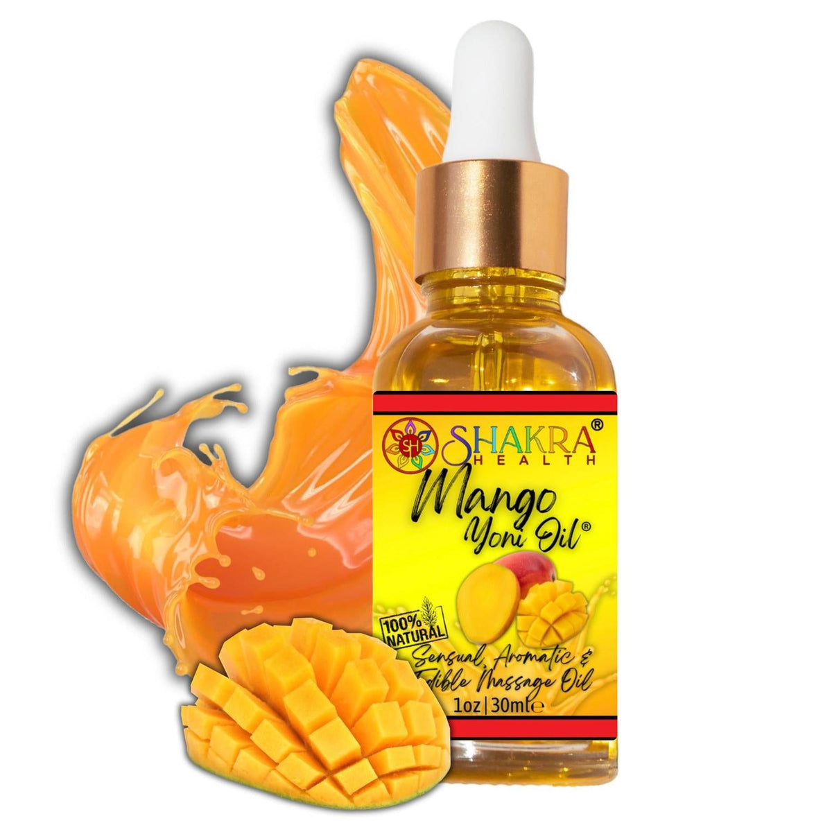 Shakra Health mango yoni oil in a 30ml glass dropper bottle with a vibrant yellow label and fresh mango fruit accents.