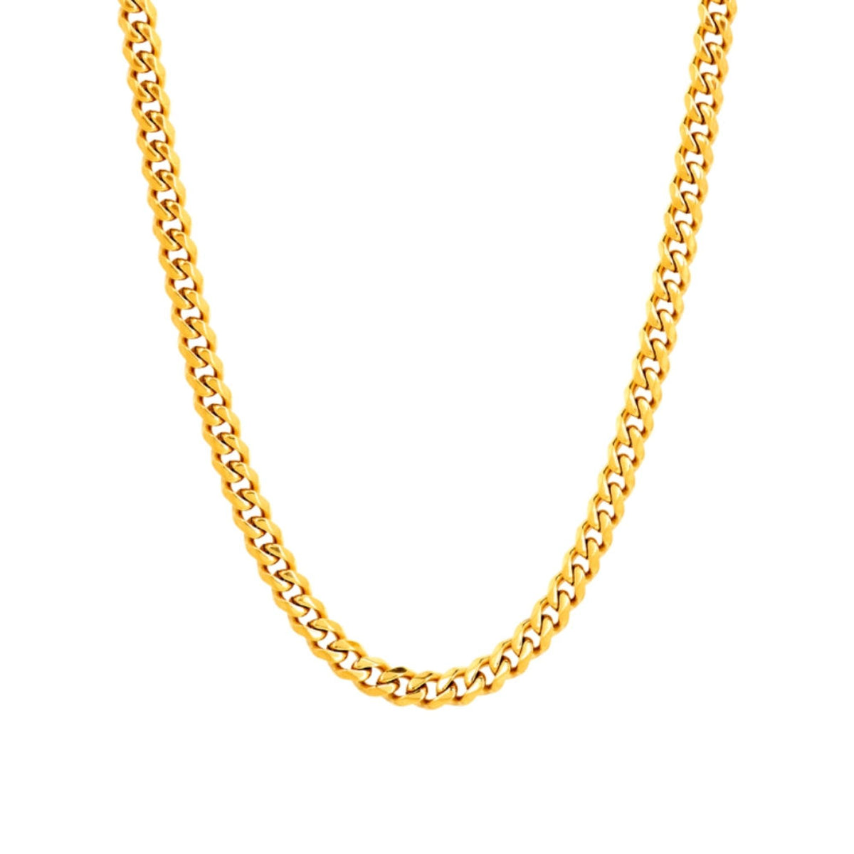 5mm Cuban link chain necklace in polished 18K gold plated stainless steel against a white background.
