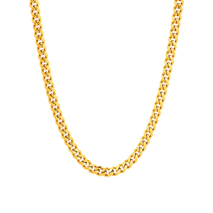 5mm Cuban link chain necklace in polished 18K gold plated stainless steel against a white background.
