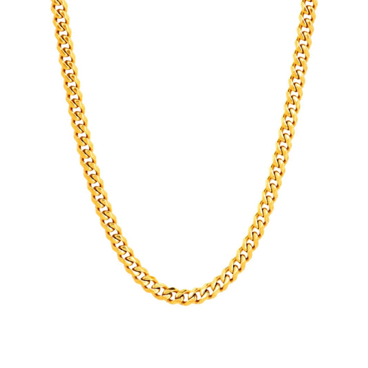 5mm Cuban link chain necklace in polished 18K gold plated stainless steel against a white background.