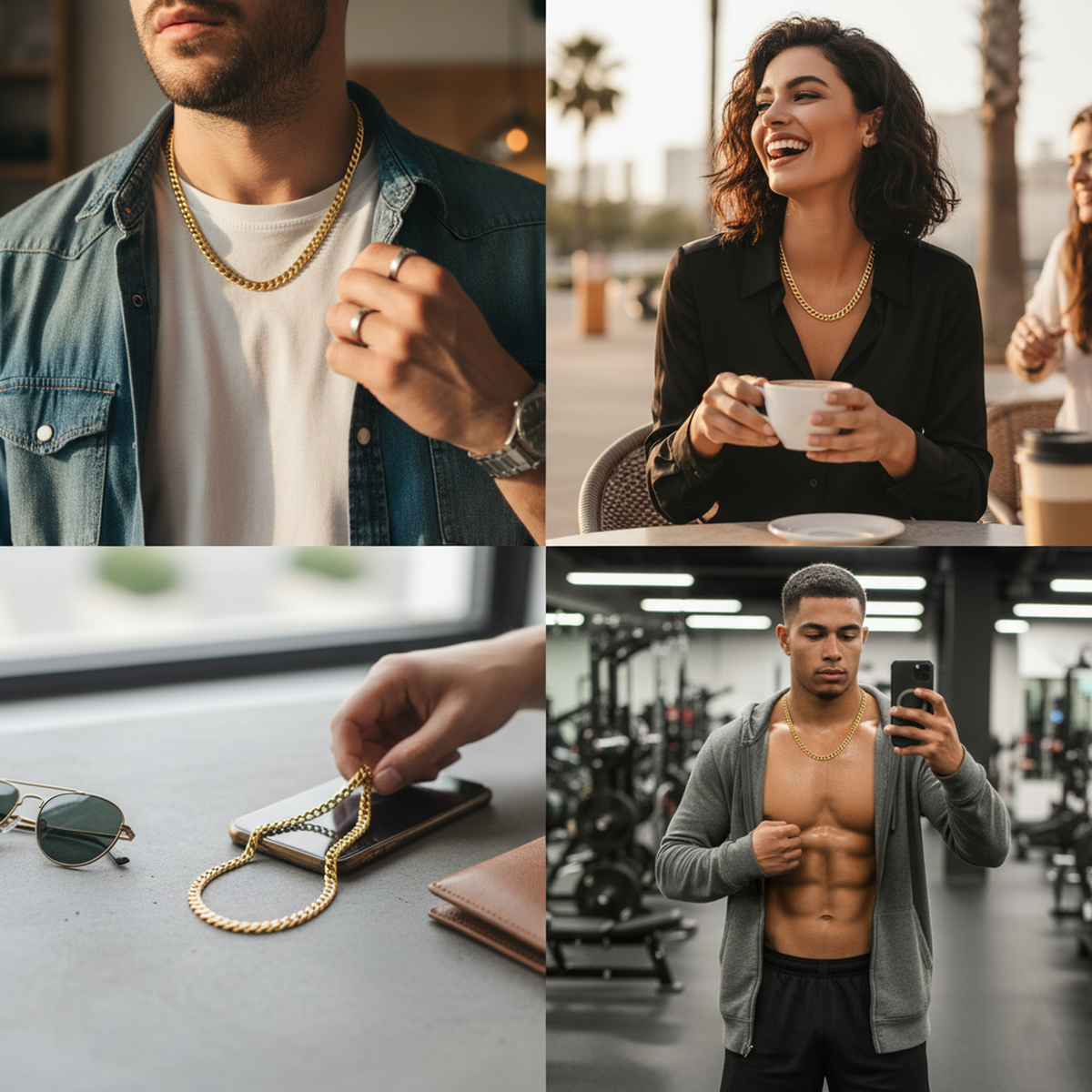 5mm Cuban link chain in 18K gold plated stainless steel worn by diverse models in casual and athletic settings.