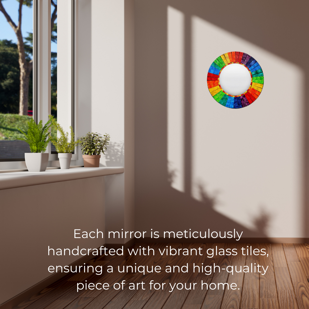 Round Rainbow Mosaic Wall Mirror | Colorful Glass Tile Decor - Eye-Catching Bohemian Chic, Home/Bathroom Decor. Beautiful 40x40cm Entryway Mirror. Handmade in Bali. Great Gift Idea. Celebrate Pride. Buy Now at Sacred Remedy