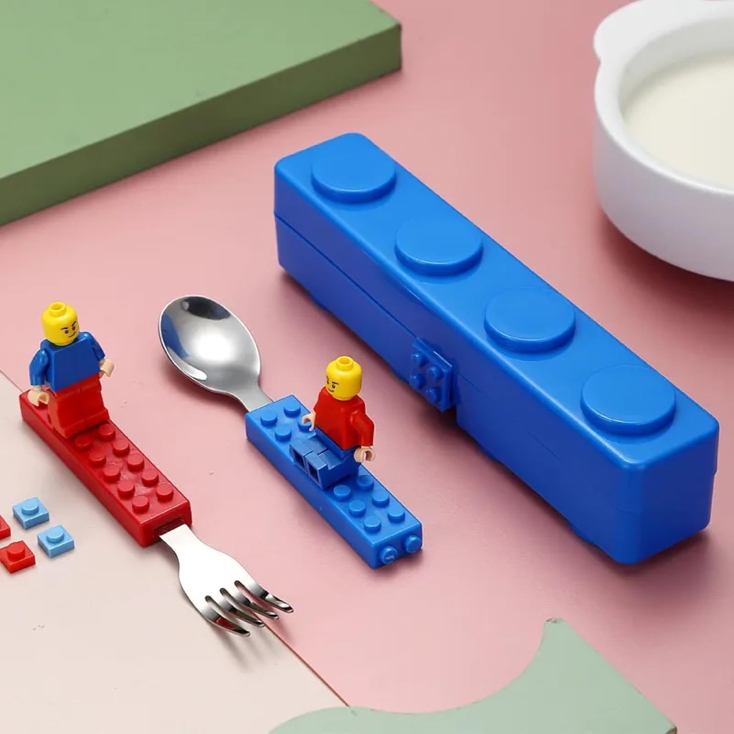 Kids Interlocking Cutlery Set - Stackable LEGO Style Fork - Spoon - Make mealtime magical with our Snack - Stack cutlery. Durable stainless steel, interlocking handles, and a portable case for joyful eating on the go. Buy Now at Sacred Remedy